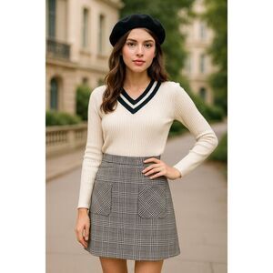 SOHO Women’s Plaid Pocket Mini Skirt Classic Preppy Style Black White Size Large